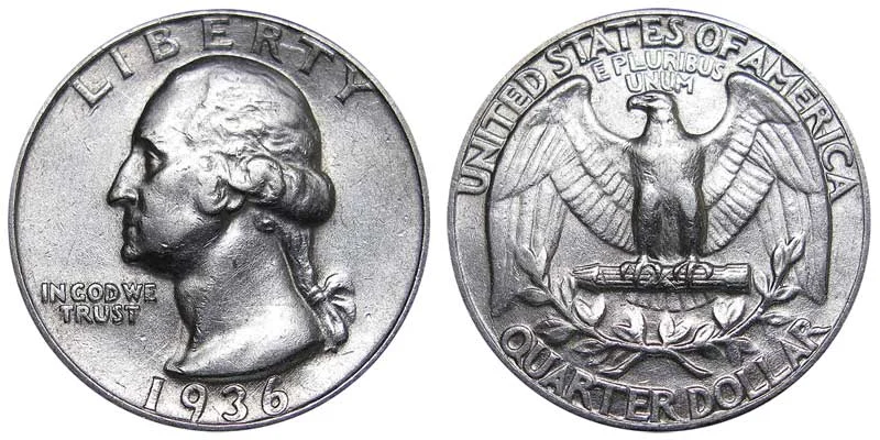 1936 Washington quarter obverse and reverse showing portrait of George Washington and eagle design