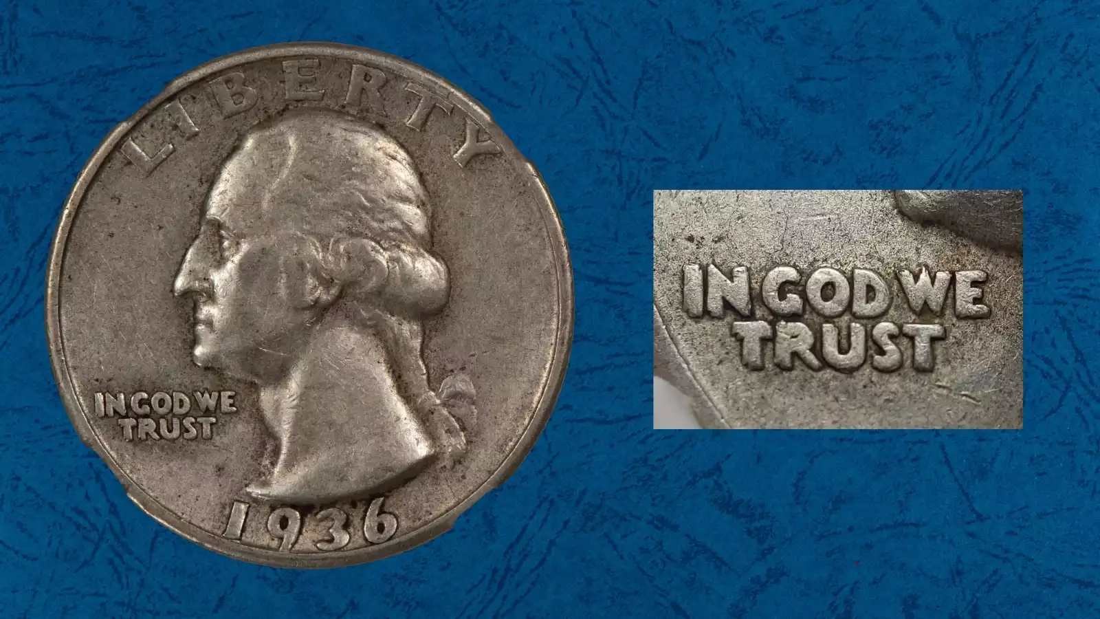 Comparison of normal 1936 quarter versus DDO FS-101 variety showing doubling on IN GOD WE TRUST and Washington's hair above the ear