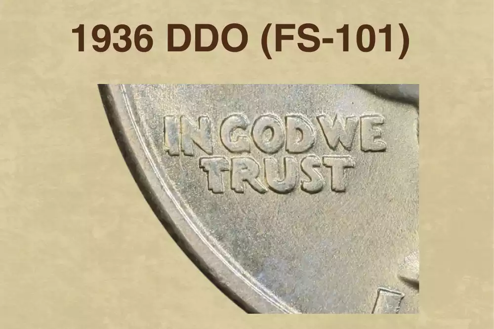 1936 quarter DDO FS-101 close-up showing doubled die doubling on IN GOD WE TRUST lettering and Washington's hair