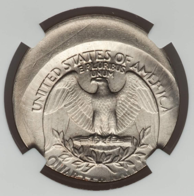 1936 quarter off-center strike error showing shifted design with blank crescent of silver on one edge and visible date