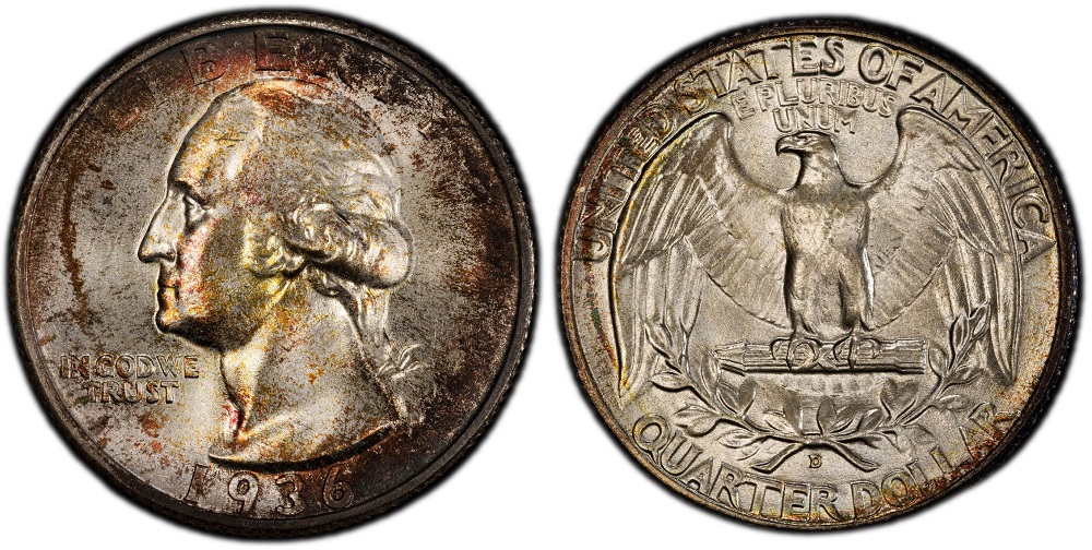 1936 Washington quarter grading strip showing four condition tiers from worn Good grade through gem Mint State MS-65
